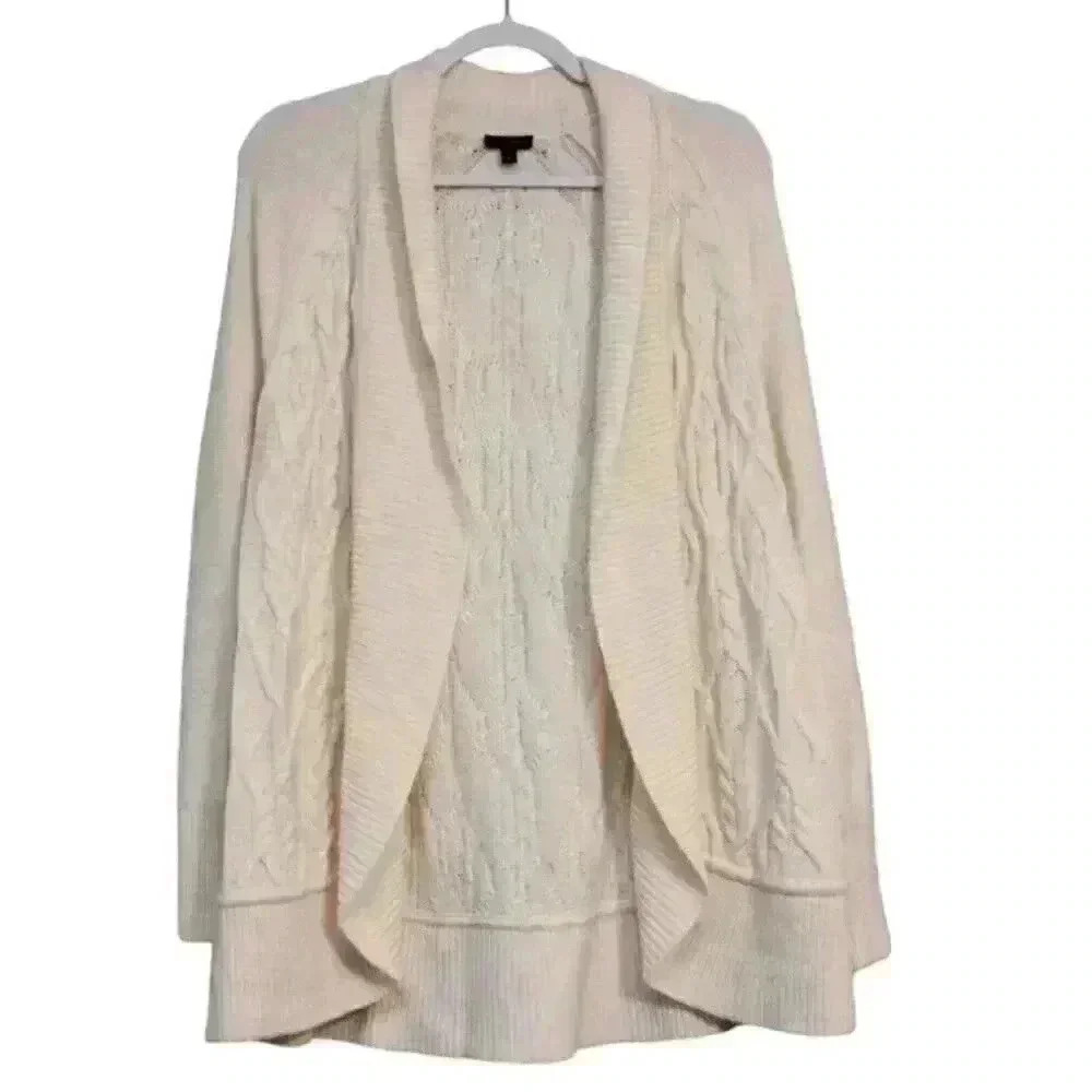 Talbots Long Cable Knit Cardigan Sweater Size Small Cream Lambs Wool Classic